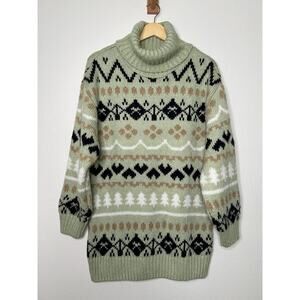 Anthropologie Fair Isle Turtleneck Tunic Sweater Size Medium Mint Green